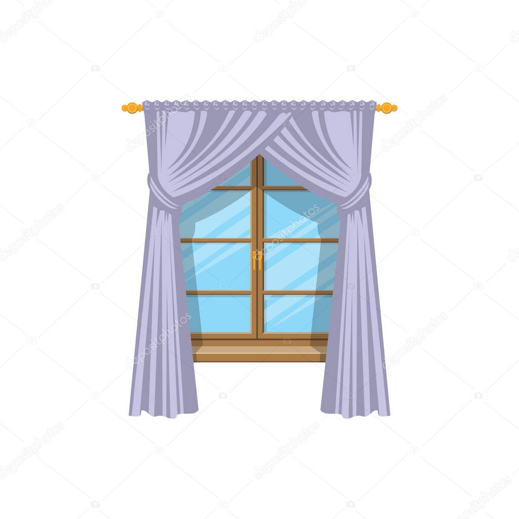 Drapery curtains on cornice at wooden window isolated icon. Vector drapes or shades, home interior and window treatments design. Tab top and sash curtains with rods and valances, vertical shutters