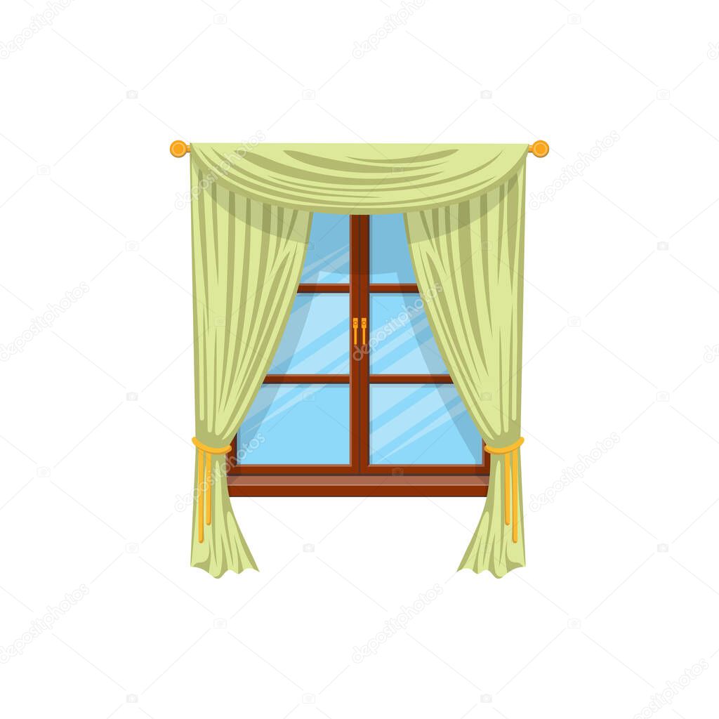 Sash curtains with rods isolated green drapes or shades. Vector velvet drapery curtains on cornice at wooden window. Tab top and sash curtains with rods and valances, modern vertical shutters