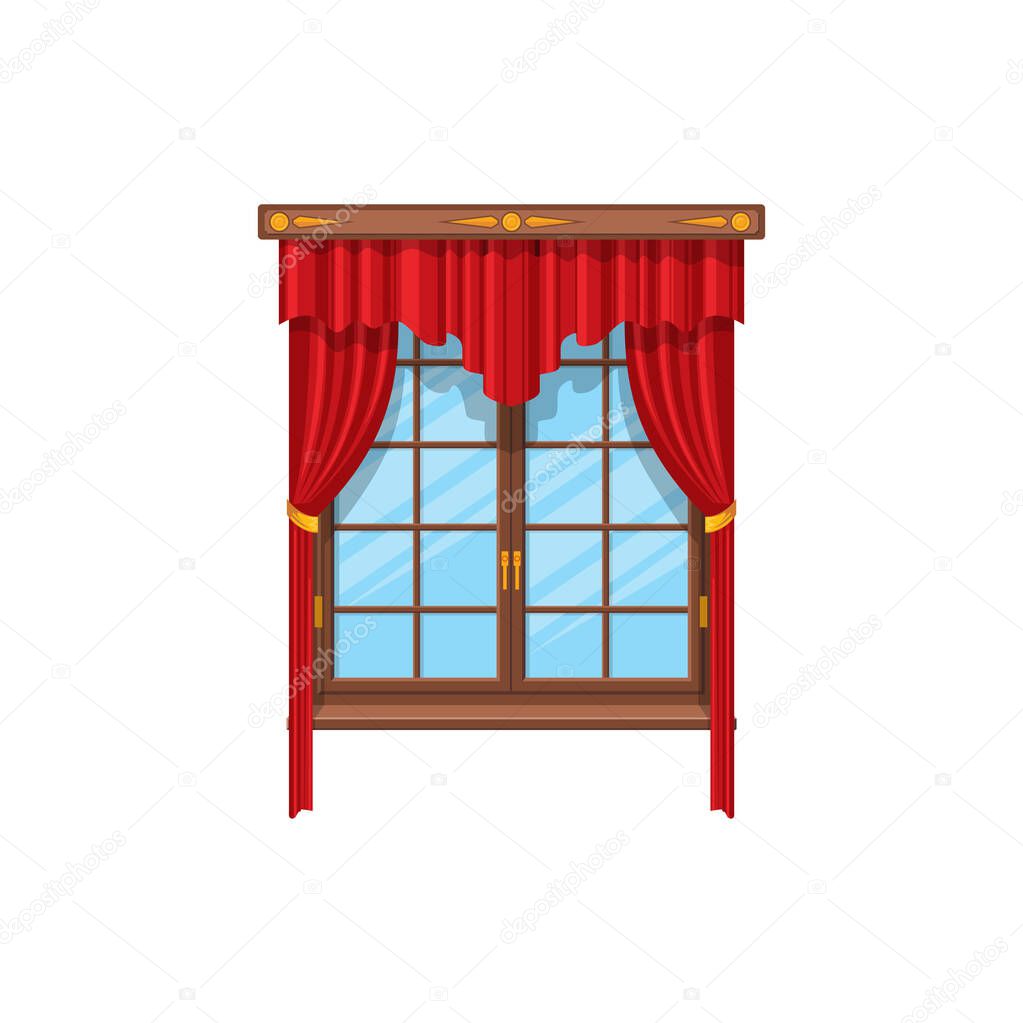 Curtains with rods and valances, vertical shutters in venetian style isolated red velvet curtains. Vector modern drapery textile shutters, room or bedroom blinds interior decor architecture element