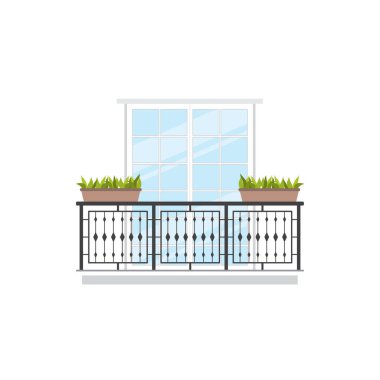 Balkon yaz terasında saksılarda yeşil bitkiler dövülmüş balkonu ve korkuluklar izole edilmiş. Vektör açık hava inşaatı, gerçekçi pencere veya kapı aralığı ve çit engeli, çiçek saksısıyla dekore edilmiş tırabzanlar