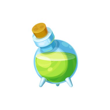 Bir şişe iksir ve ahşap mantar izole edilmiş ikon. Sıvıyla eczacı panzehiri yönlendir. Cam kavanoz ikonunda sihirli içecek, simya iksiri, zehirli madde. Cam matarada iksir, gui rpg oyun elementi