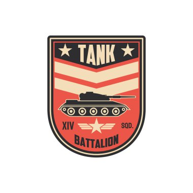 Zırhlı tank taburu zırhlı araç taşıyan askeri sembolü izole etti. Üniformalı piyadelerle savaşan vektör, ağır birliklerin hayatta kalma amblemi. Subay rütbesi rütbesi, silahlı kuvvetler.