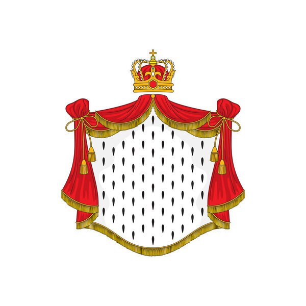 Heraldic background with red ermine royal mantle and crown isolated. Vector luxury king or queen cloth, monarch cloak with tassels and ropes. Heraldry coat of arms, authority and power mascot