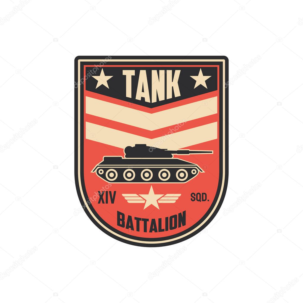 Armored division tank battalion isolated military chevron with armored vehicle truck. Vector combat us infantry patch on uniform, emblem of survival heavy troops. Officer rank insignia, armed forces