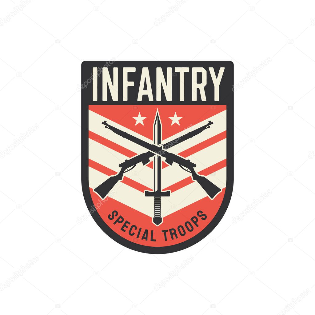 Infantry special troops military chevron, squad with sword and crossed rifles isolated. Vector military sub-subunit, trooper badge insignia. Special forces, squad emblem, US army mascot with star