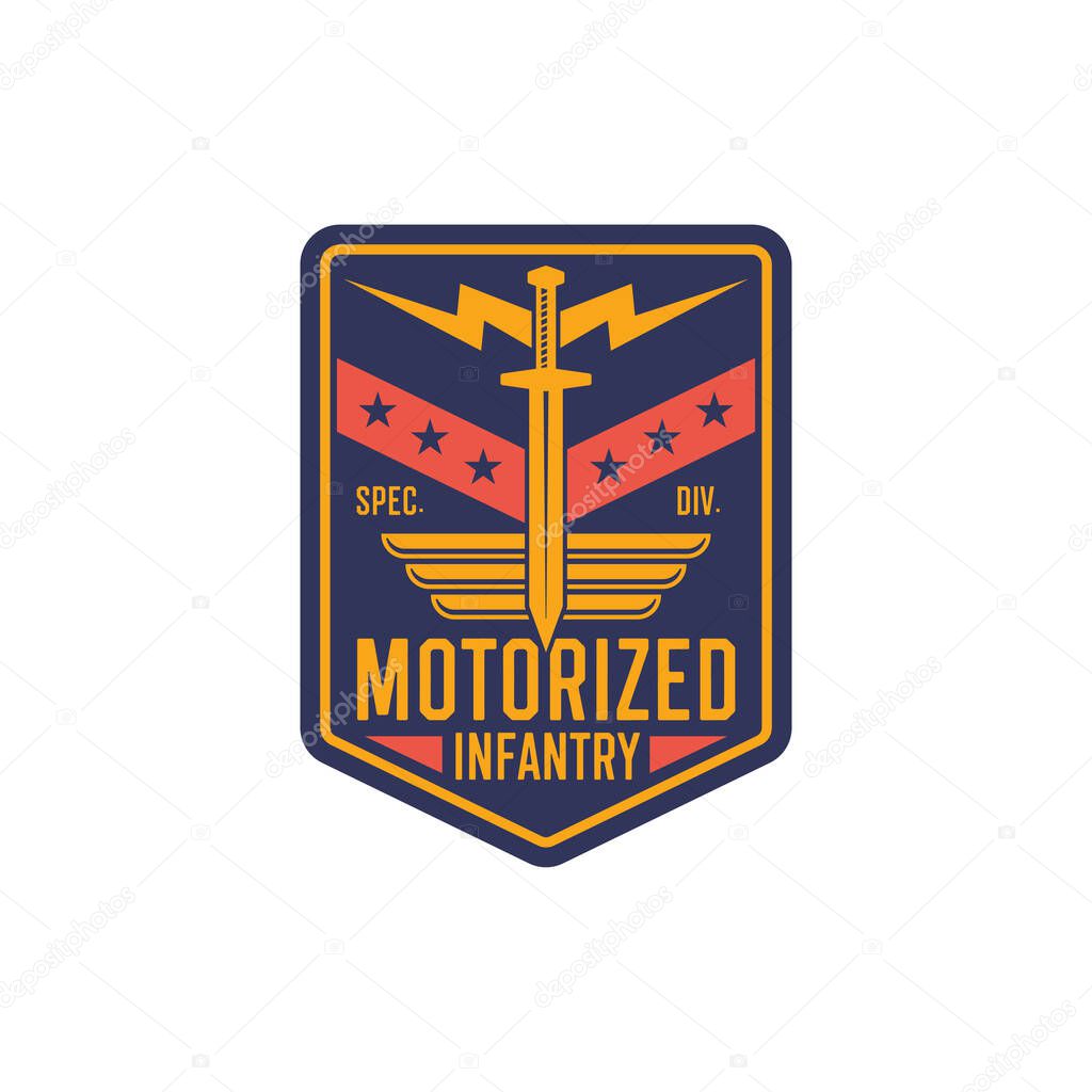 Infantry chevron, motorized army troops insignia military squid with thunderstorm, golden sword and stars. Vector trucks and motor vehicles, transport emblem, US army mascot. Squad of special forces