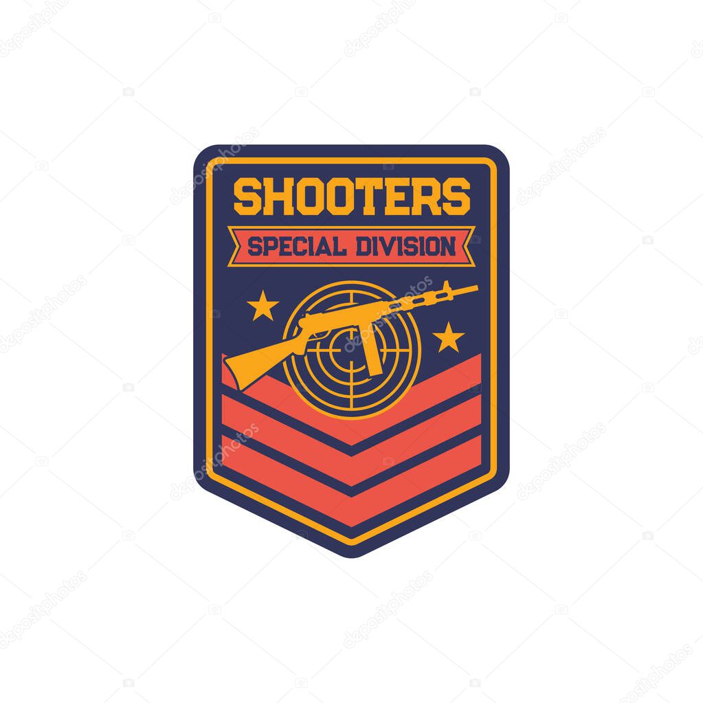 Shooters snipers squad military chevron, patch on uniform of special division isolated template. Vector Military chevron with sniper optical gun and target aim gunpoint gun, armored troops emblem