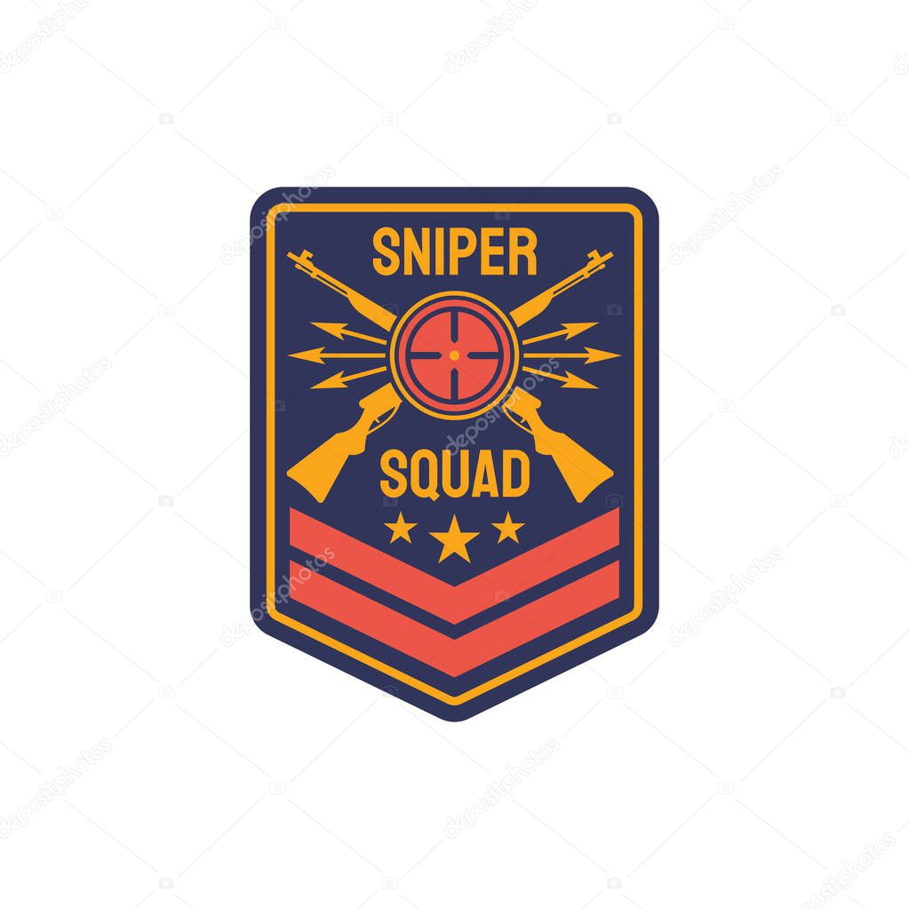 Armored troops emblem isolated sniper squid with crossed rifles and aim target. Vector special sniper squad military american soldier chevron insignia, army patch. Mascot of gunpoint or barrel of gun