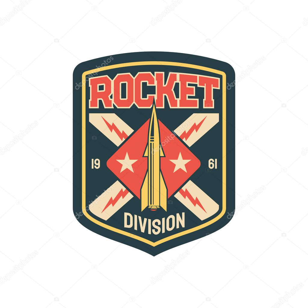 Military unit rocket division squad isolated patch on uniform. Vector aviation or navy bomb, vintage emblem insignia, elite officers chevron. Rocket with thunder sign, US army sticker with spaceship