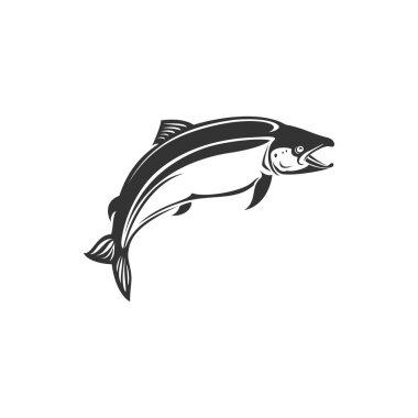 Fish underwater animal, salmon fishing sport mascot monochrome icon. Vector trout, char, grayling and whitefish in jump, fishery trophy, jumping fish. Salmon grayling whitefish, marine seafood clipart