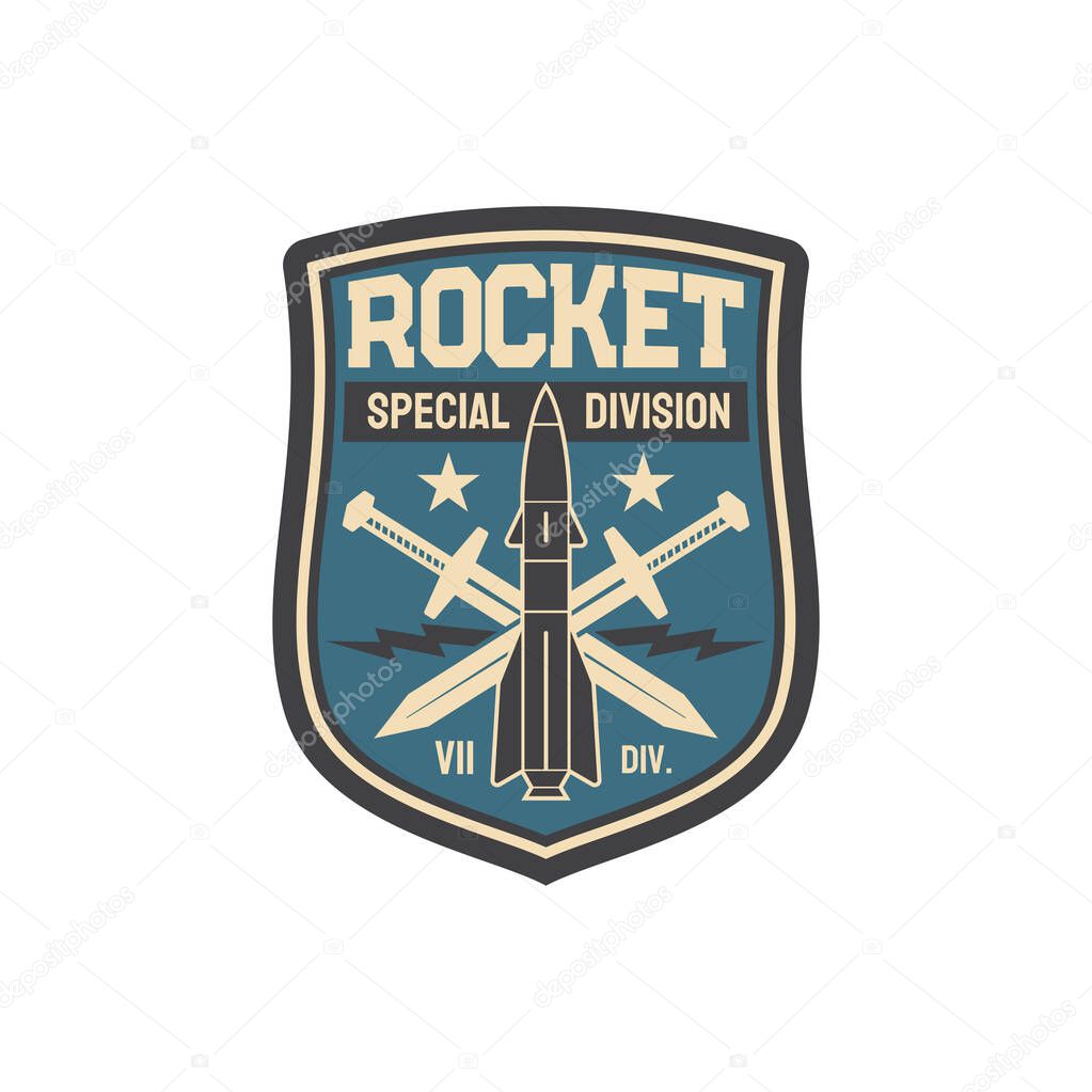 Patch on uniform with rocket aviation bomb and crossed swords isolated military chevron. Vector US army sticker, aviation or navy bomb, vintage emblem with flying jet, fighter fireteam label