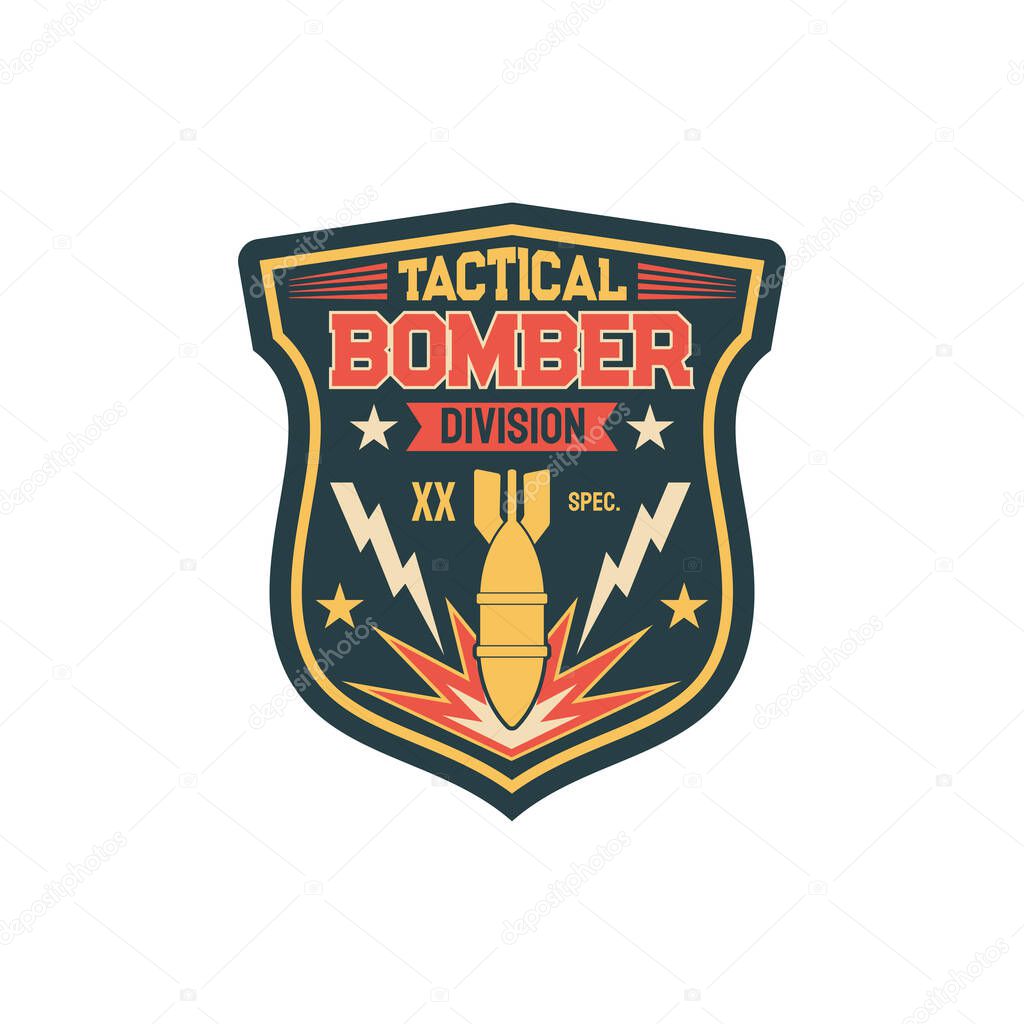 Aviation bomber jet fighter, bombing aircraft, patch on non-commissioned officers uniform with falling bomb. Vector label on military apparel, patch on officer uniform, army insignia bomber division