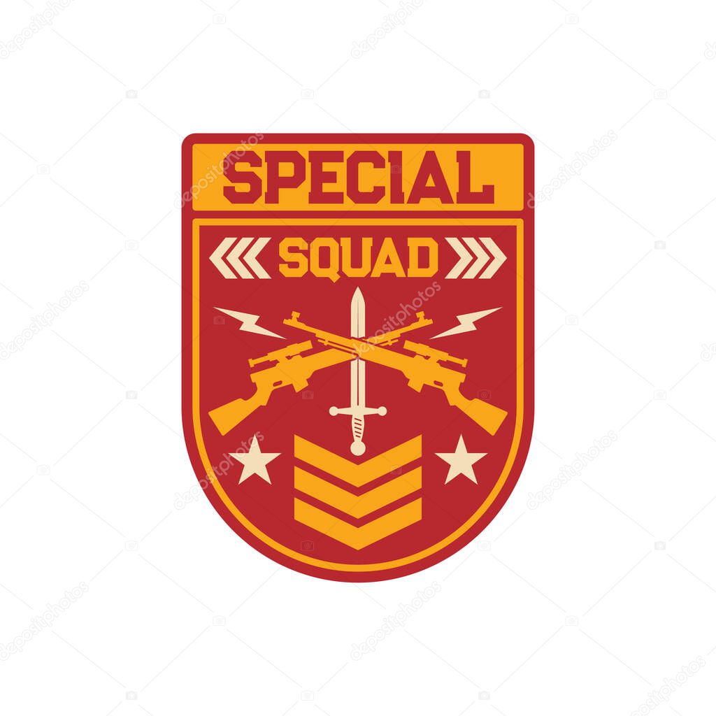 Shooters special snipers squad military chevron with crossed optical rifles and sword isolated. Vector american soldier insignia, US army patch with armour rifle. Gunpoint gun, armored troops emblem