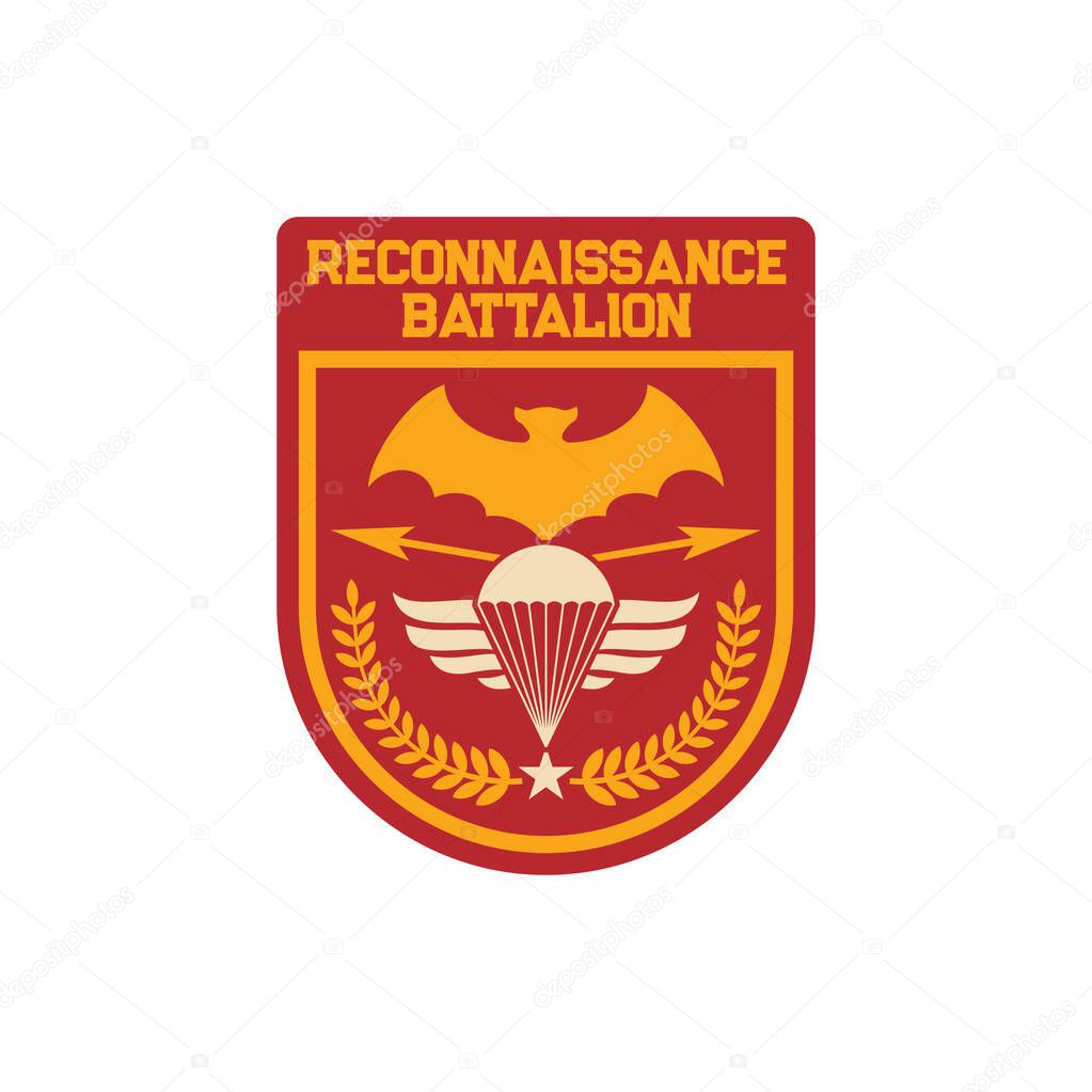 Reconnaissance Battalion United States Marine Corps1st Recon Bn patch on military cloth isolated. 1st Marine Division and I Marine Expeditionary Force I MEF. Airborne special division military chevron
