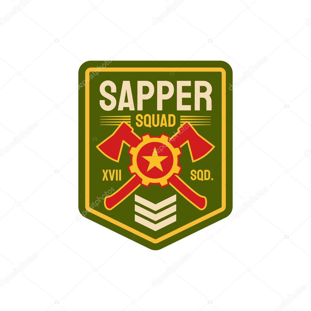 Combat engineers special division isolated chevron with crossed axes, rank and star. Vector pioneer combatant uniform patch, combatant military engineer demolition and bridge-building sapper badge