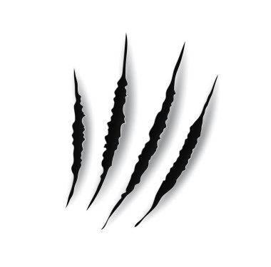 Canavar pençesi çizikleri, yırtıcı tırnak izleri. Vahşi hayvan kaplan ayı ya da kedi pençesi pençeleri yırtıklar ya da şeritler. Aslan, ejderha ya da tehlike yaratığı beyaz arka planda 3 boyutlu izler bırakıyor..