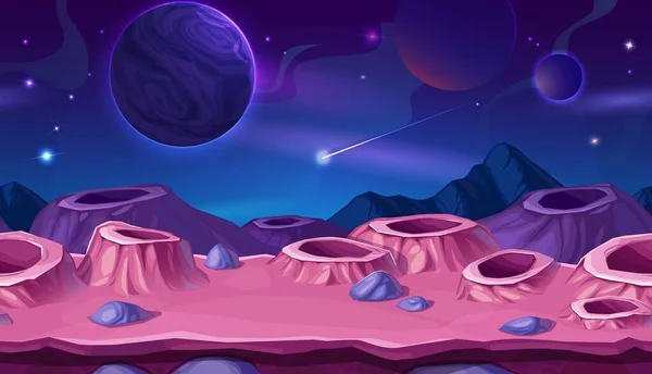 Поверхность Планеты Мультфильм Кратерами Космический Фон Векторный Инопланетный Ландшафт Розовыми — стоковый вектор