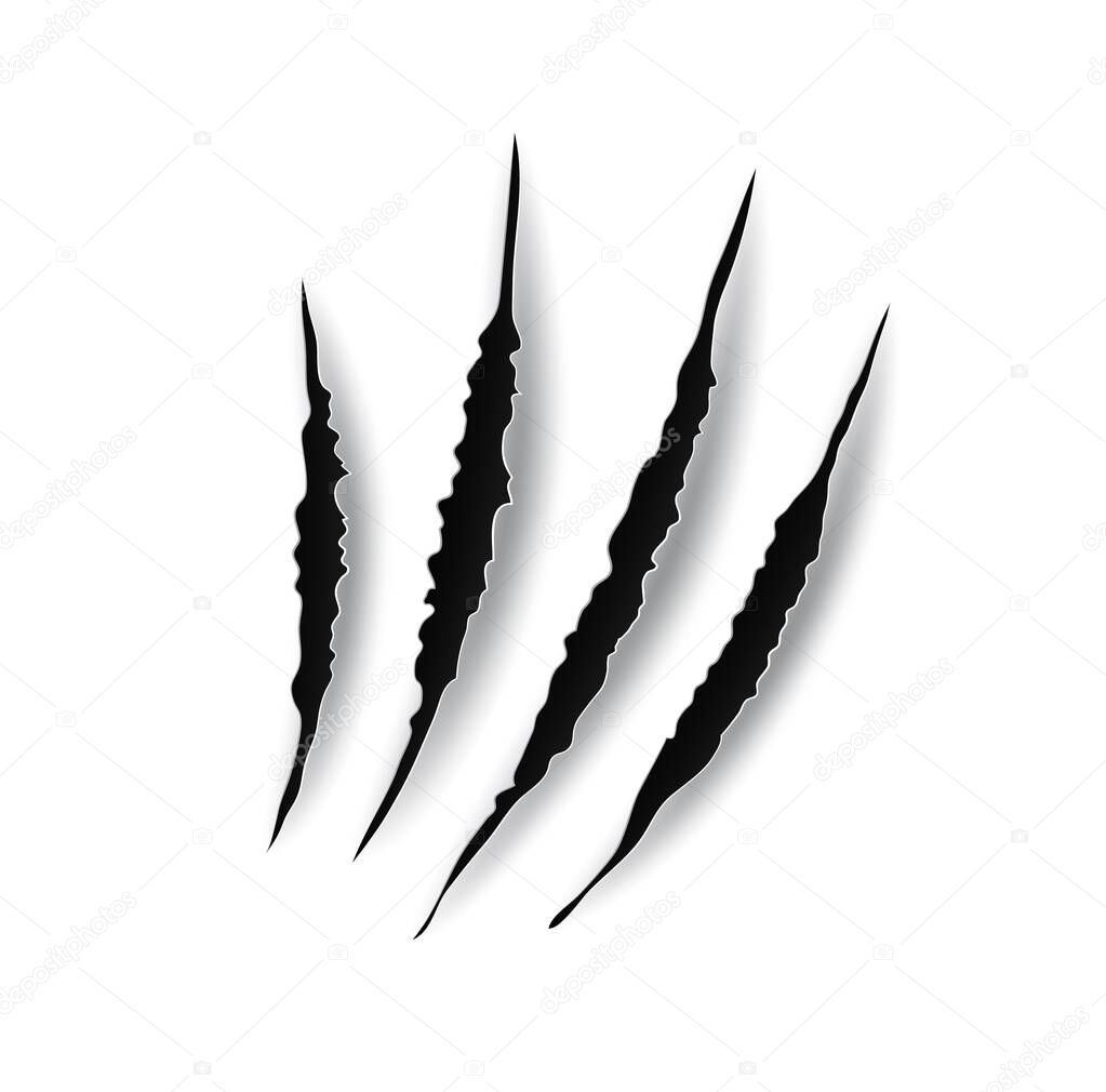 Monster claw mark scratches, predator nails vector trail. Wild animal tiger bear or cat paws talon rips or sherds. Lion, dragon or danger beast break traces, realistic 3d marks on white background.