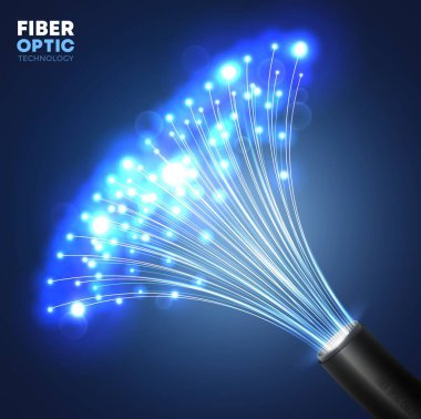 Fiber optik iletişim teknolojisi. Parlayan parlak mavi ışık demetine sahip gerçekçi vektör kablosu. Telekomünikasyon, veri ve internet veri transferi gelecekteki teknik arkaplan