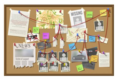 Crime investigation board, private detective or police officer officer vector cork board with victim, suspects or informants photos, newspaper, letter and city map, pins connected with red thread clipart