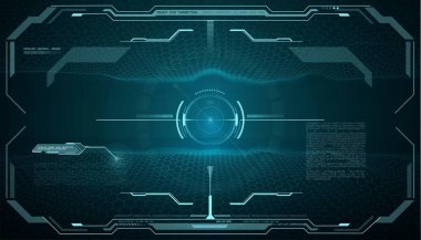 HUD fütüristik monitör, hedef hedef kontrol arayüzü. Vector ski fi UI çerçeve, askeri optik nişan alma, uzay gemisi çaprazlaması. Modern tekno element, çarpışma görüşü, silah odaklanma aralığı göstergesi