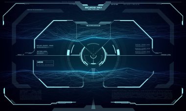 HUD fütüristik ekran arayüzü, hedef hedef hedef kontrol. Vector kayak-fi monitörü, UI çerçeve, askeri optik hedefleme, uzay gemisi çaprazlaması. Silah odak göstergesi, düşük poli tarama kipi çarpışma görüşü