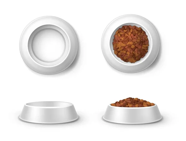 Gerçekçi beslenme kabı, evcil hayvan besin tabakları 3 boyutlu vektör maketi önde ve en üstte. Kediler ve köpekler için boş ve boş çanak çömlek, hayvanat bahçesi yemekleri, beyaz arka planda izole edilmiş evcil hayvan atıştırmalıkları için eşyalar