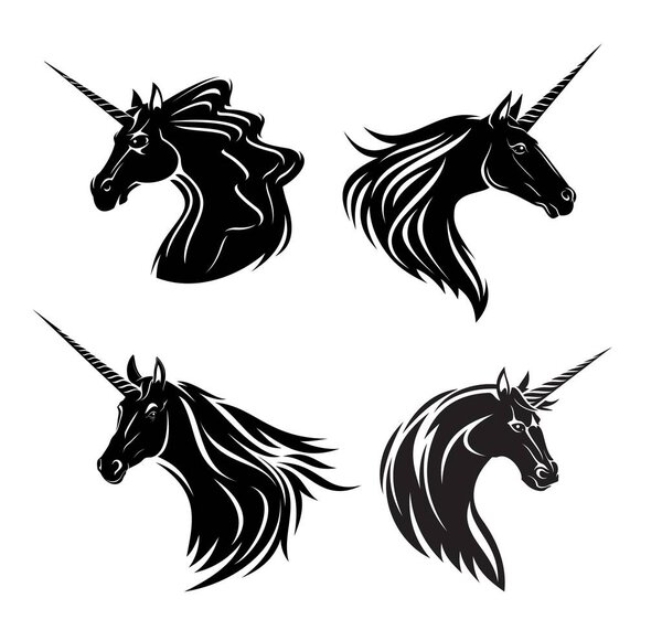 Unicorn mare and stallion heads print. Monochrome vector fantasy animal, fairy horse with horn and waving mane. Unicorn mascot, heraldry legendary symbol and magic creature tattoo