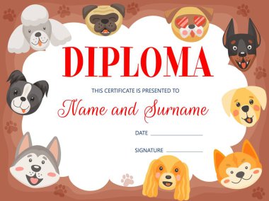 Komik köpekleri ve köpek yavruları olan çocuk diploması, vektör sertifikası. Anaokulu mezuniyeti için eğitim ödülü çerçevesi ya da çizgi film evcil hayvanları, su birikintisi, köpük ve akita inu ile doberman ile okul başarısı