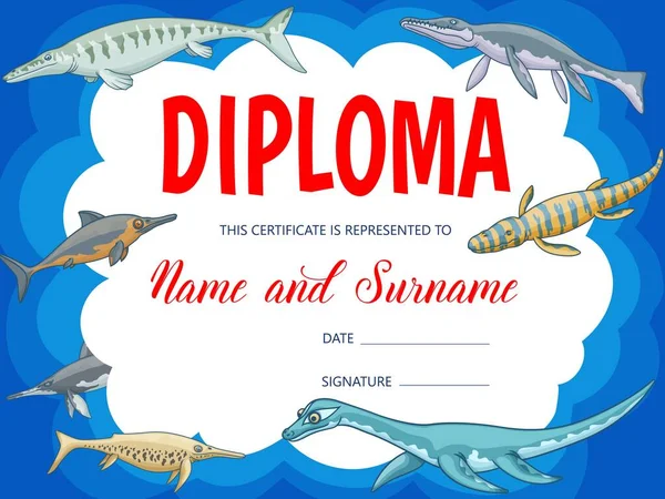 Kids Education Diploma Cartoon Underwater Dinosaurs Vector Background Frame Border — Stock Vector