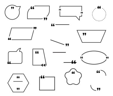 Tırnak işaretleri, konuşma balonları, kare, dikdörtgen ve parantez kenarlı kutu çerçeve vektör simgelerinden alıntı yapın. Alıntı kutusu, sohbet iletisi, yorum, not veya not etiketi, bilgi metin kutusu veya blog geribildirimi