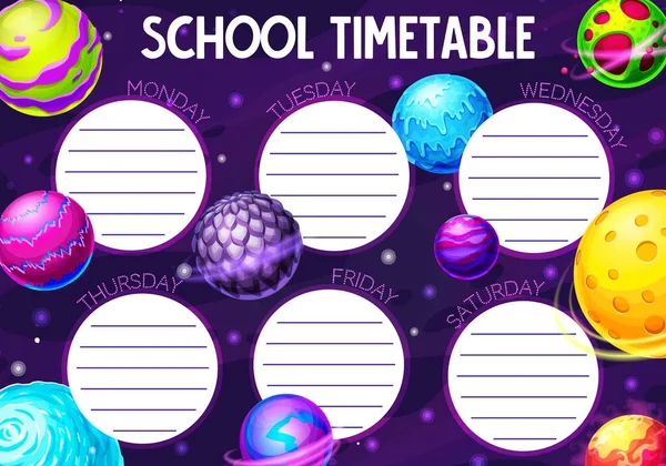 Cartoon Galaxy Ruimte Planeten Vector School Rooster Studie Plan Onderwijs — Stockvector