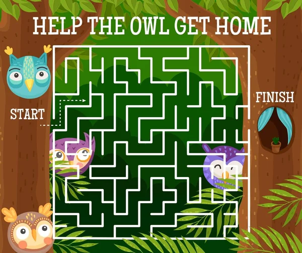 漫画ベクトルフクロウと面白いフクロウで子供迷路の謎 正方形の迷路ゲームやパズル フクロウはフクロウの鳥 森の木や空洞の巣の背景フレームとホームロジック謎を取得するのに役立ちます — ストックベクタ