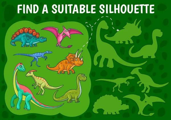 Cartoon Dinosaurier Finden Sie Eine Dino Silhouette Kinderspiel Vektor Schatten — Stockvektor