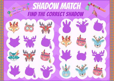 Çizgi film Hint ayısı, tavşan ve tilki, baykuş ve geyik, vektör çocuklar gölge eşleştirme oyunu. Hint boho kabilesi maskeleri rakun, geyik ya da geyik, balta ve tüylü geyik, çocuklar masa üstü maçları.