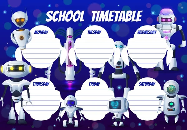 Cartoon Robots Kids Education Timetable Schedule Vector School Weekly Planner — Archivo Imágenes Vectoriales