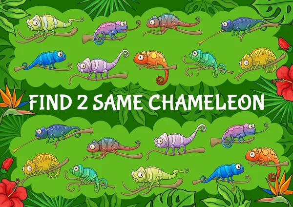 Cartoon Chameleon Ještěrky Najít Dva Stejné Chameleons Děti Hru Vektorové — Stockový vektor