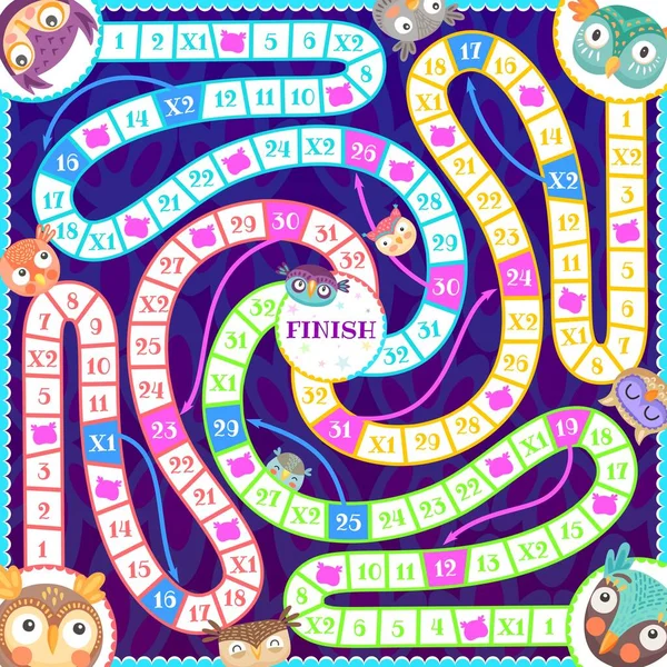 Kids Riddle Maze Board Game Owls Owlets Birds Vector Boardgame — Archivo Imágenes Vectoriales