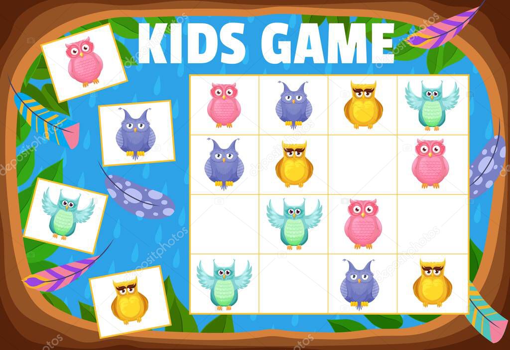 Kids sudoku game cartoon owls and owlets, tabletop logic puzzle, vector. Sudoku board game for children with funny owls, owlets and eagle-owl birds with feathers in tree hollow, kids activity game