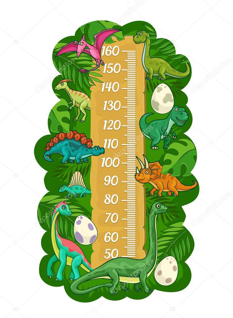 Cartoon kids height chart, funny dinosaurs and reptiles growth measure meter. Vector wall sticker for children height measurement with funny dino characters, eggs and scale with palm branches or leafs