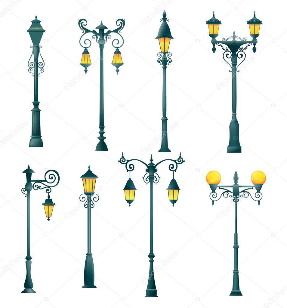 Old street light pillar and lamppost, vector isolated streetlight and streetlamps. Vintage lamp posts or lantern poles, city illumination pillars with gas or lantern bulb lights, classic lampposts