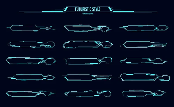 Kullanıcı arayüzünün HUD dijital arama başlıkları, bilgi arama kutuları ve bilgi metni vektör tasarımı. Modern teknoloji fütüristik etiketler veya neon çerçeveli pankartlar, bilim kurgu veya yüksek teknoloji oyunu ui