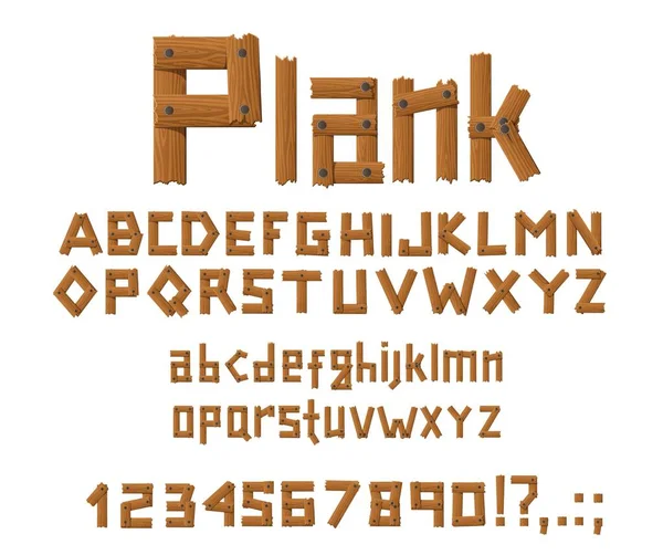 Holzplanken Font Buchstaben Ziffern Und Symbole Vektor Cartoon Alphabet Holzstäbe — Stockvektor