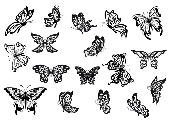 Satz schwarzer und weißer Vektor-Schmetterlinge — Stockvektor
