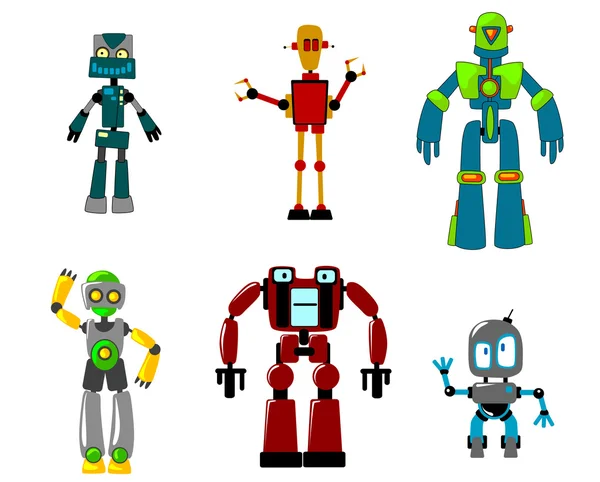 Seis coloridos robots de dibujos animados, aislados en blanco — Vector de stock