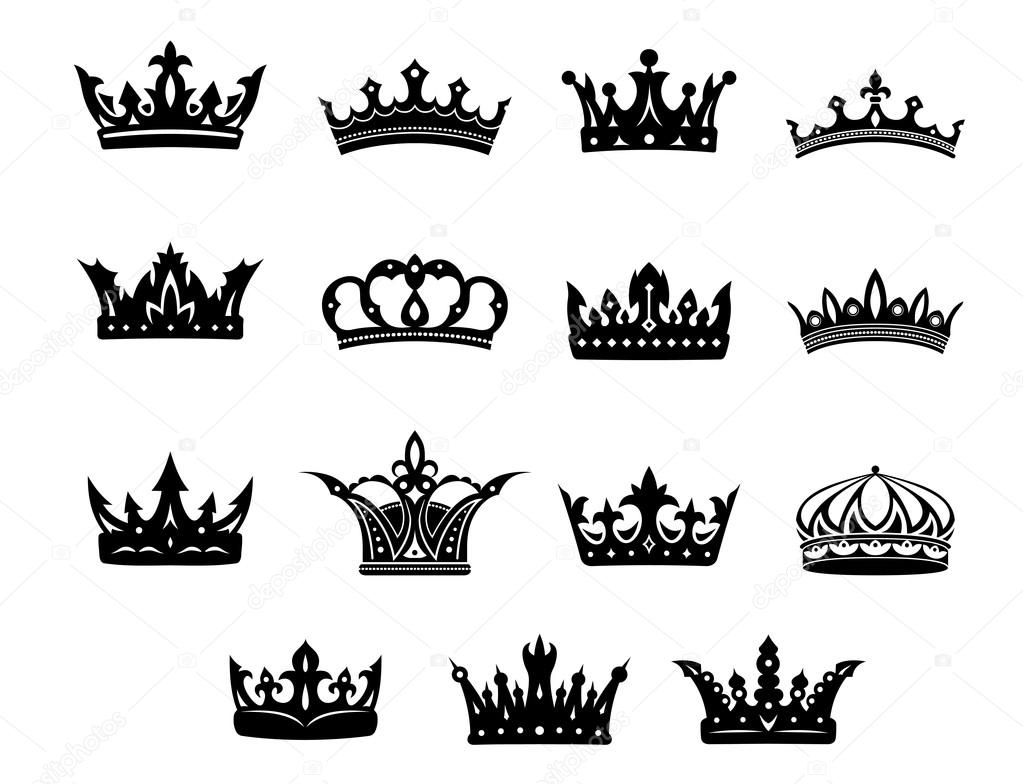 Black and white vector royal crowns set for use in heraldry and decorative design elements for classical antiquity