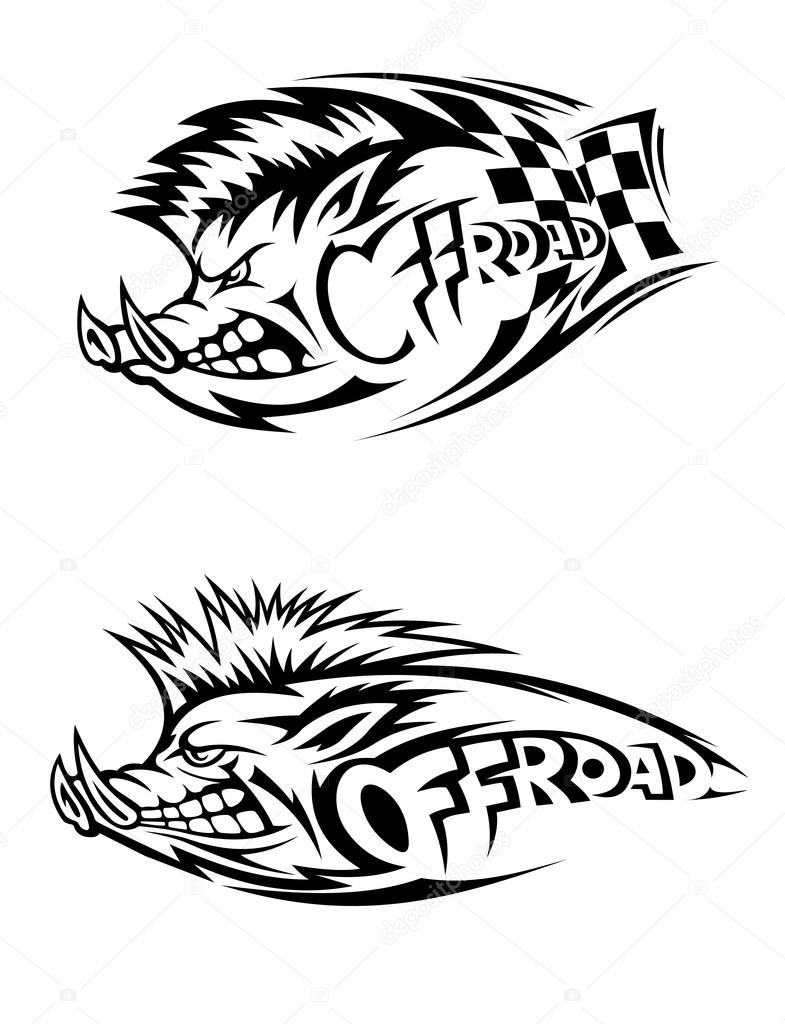Snarling wild boar Off Road icon in black and white vector design with two variations, one with a checkered flag for motor sport and one without
