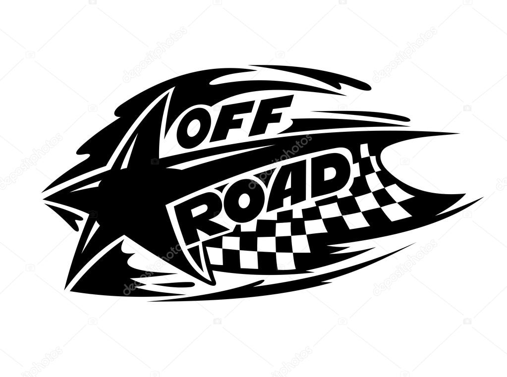 Off Road motor sport event icon in black and white with a star over a checkered flag with speed trails and the words Off Road