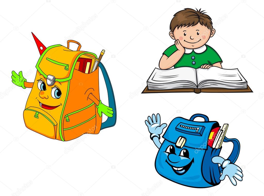 Colorful vector school education icons with a young boy sitting at a desk studying and backpacks with smiling faces