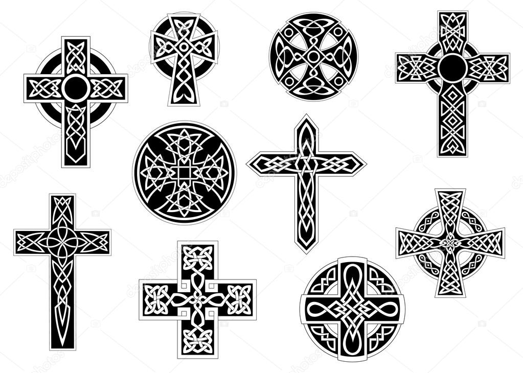 Set of black and white vintage decorative celtic crosses, for religious design